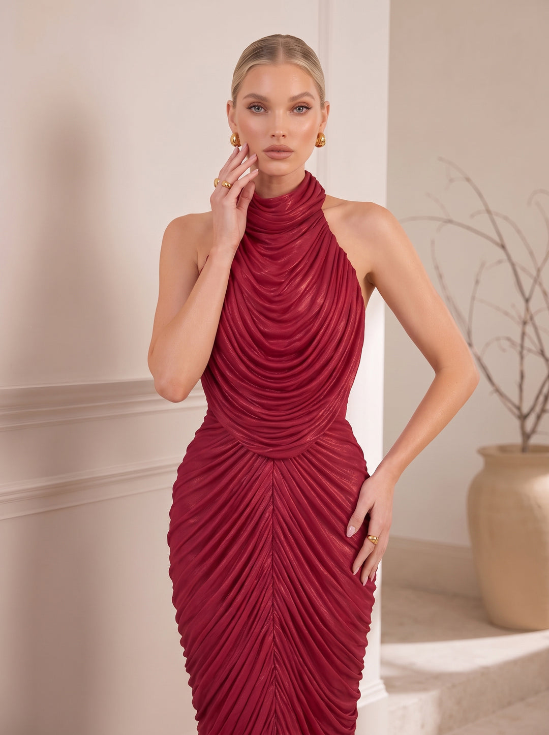 Halter Neck Metallic Pleated Mermaid Evening Gown