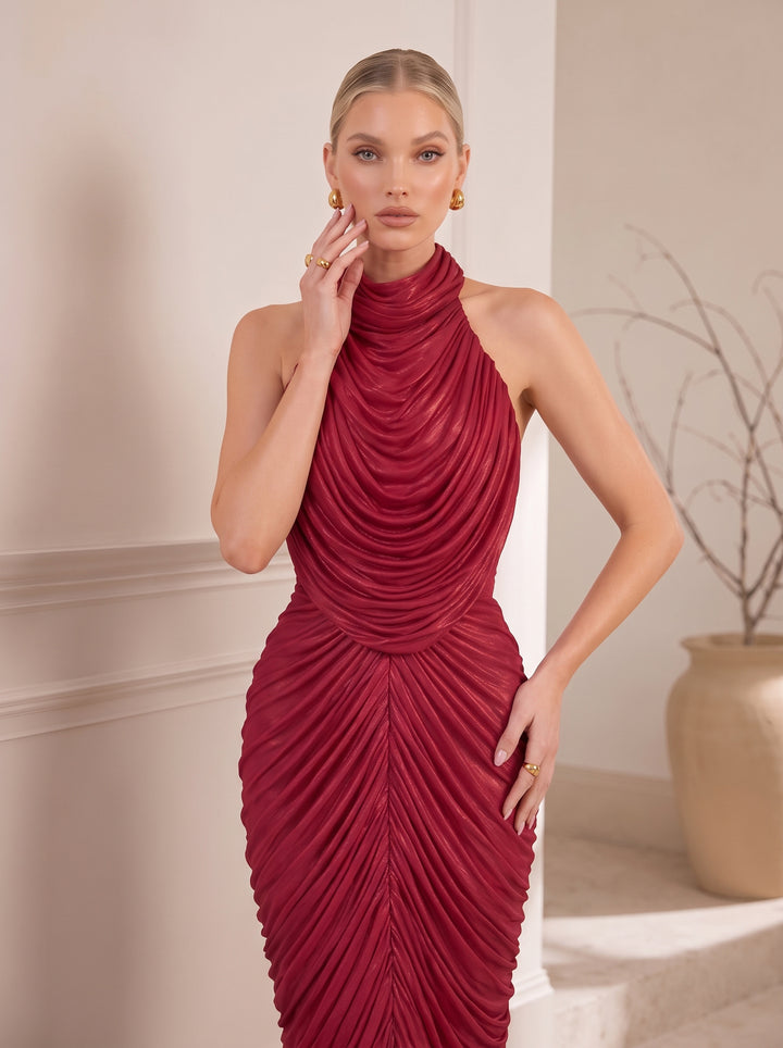 Halter Neck Metallic Pleated Mermaid Evening Gown