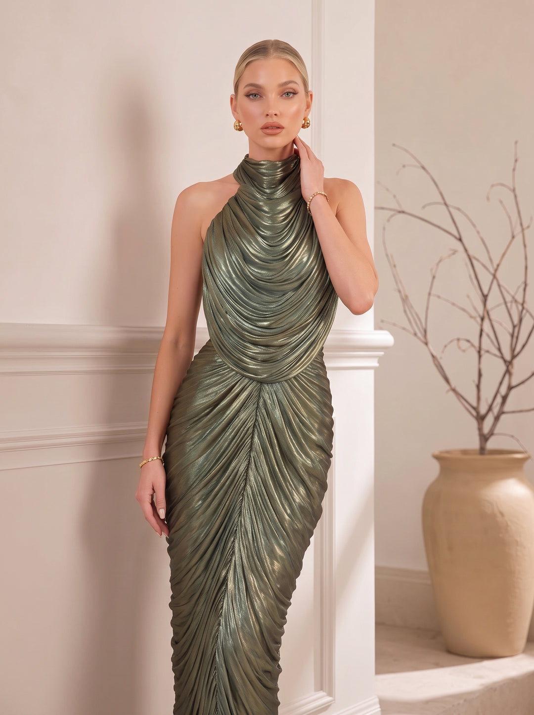 Halter Neck Metallic Pleated Mermaid Evening Gown