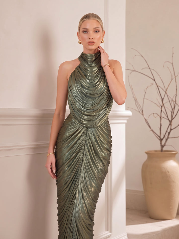 Halter Neck Metallic Pleated Mermaid Evening Gown