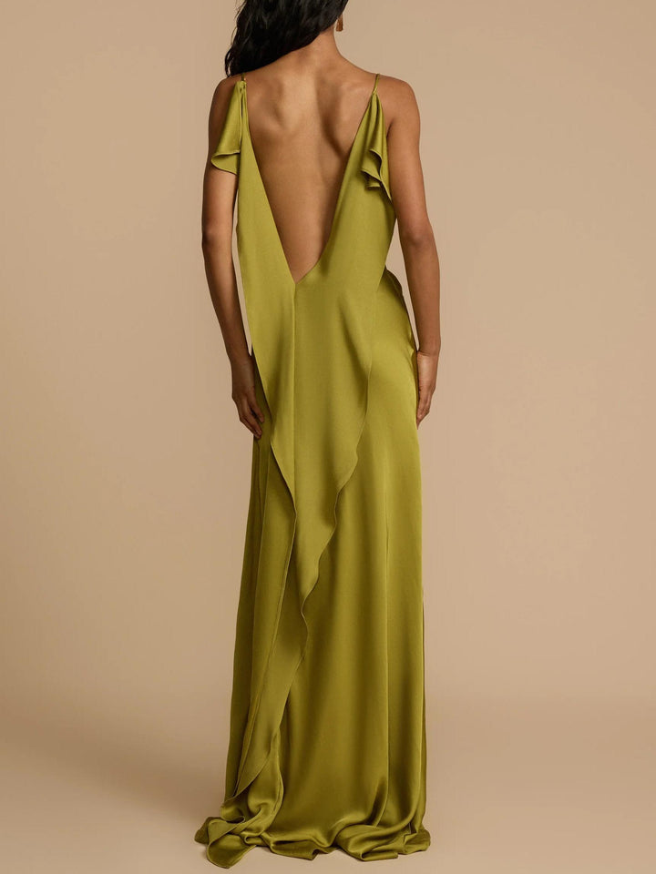 Elegant Satin Ruffled High Slit Maxi Dress