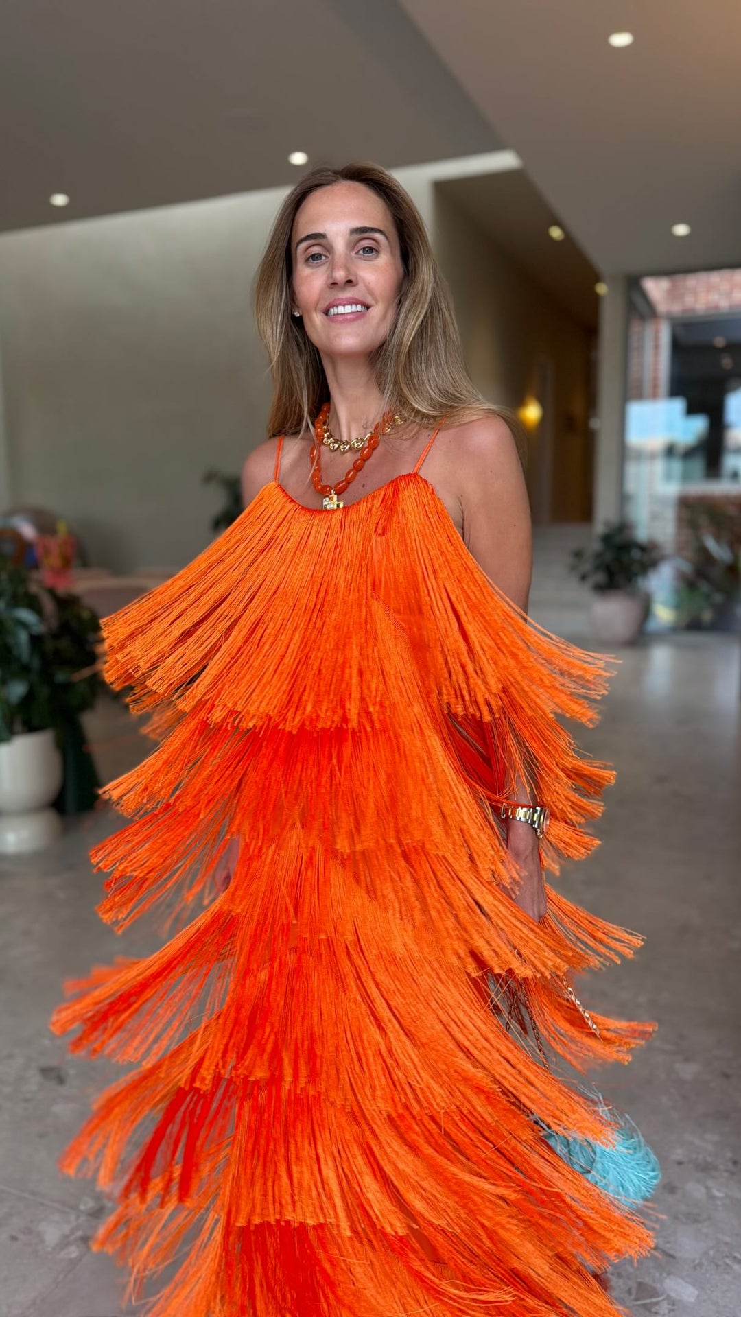 Orange Tiered Fringe Spaghetti Strap Maxi Party Dress