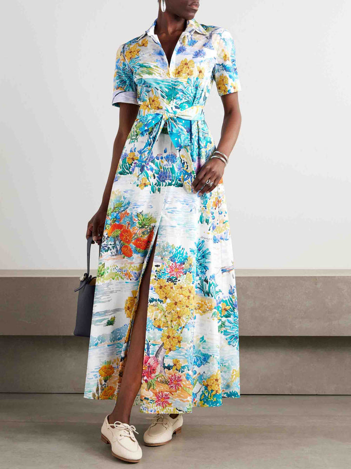 Unique Watercolor Print Tie-Dress Shirt Maxi Dress