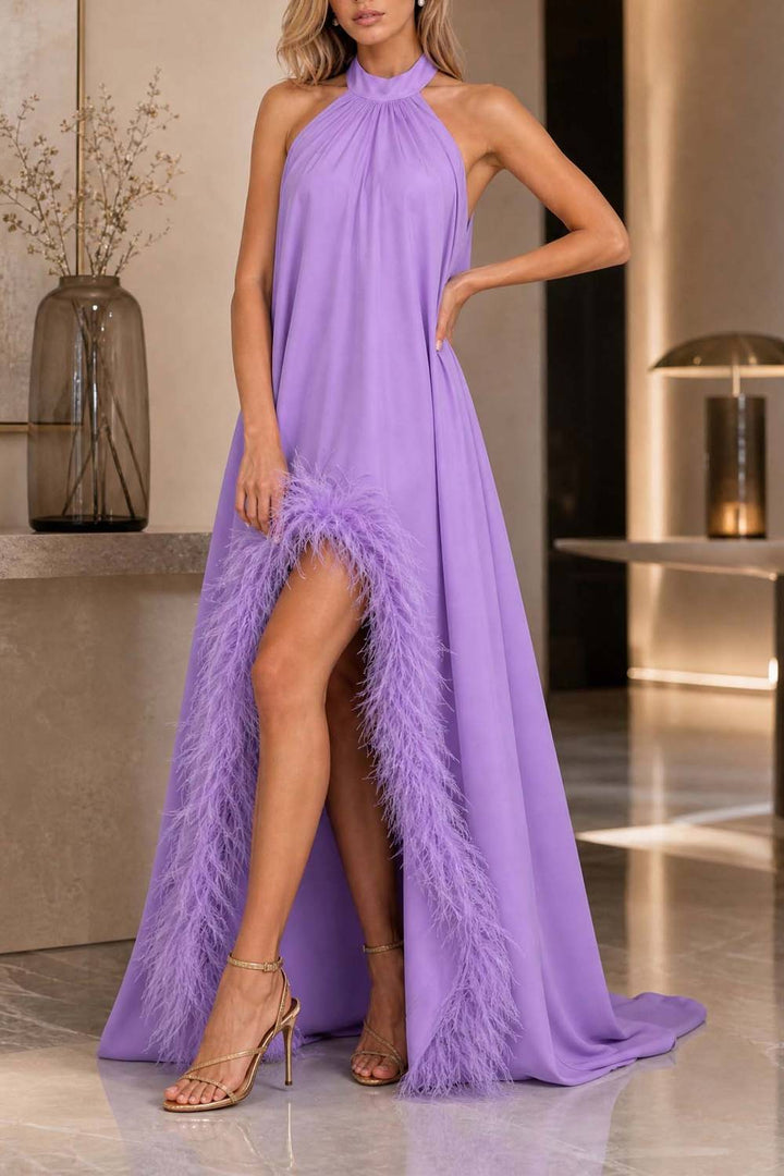 Halter-neck Feather-trimmed High-slit Long Evening Gown