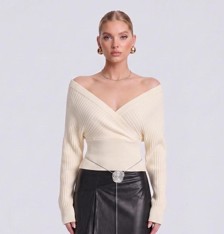 LikeMyChoice Women Off Shoulder Wrap V‑Neck Knit Sweater