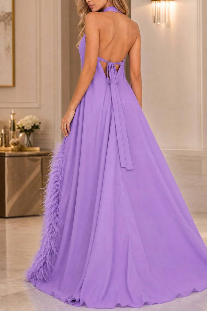 Halter-neck Feather-trimmed High-slit Long Evening Gown