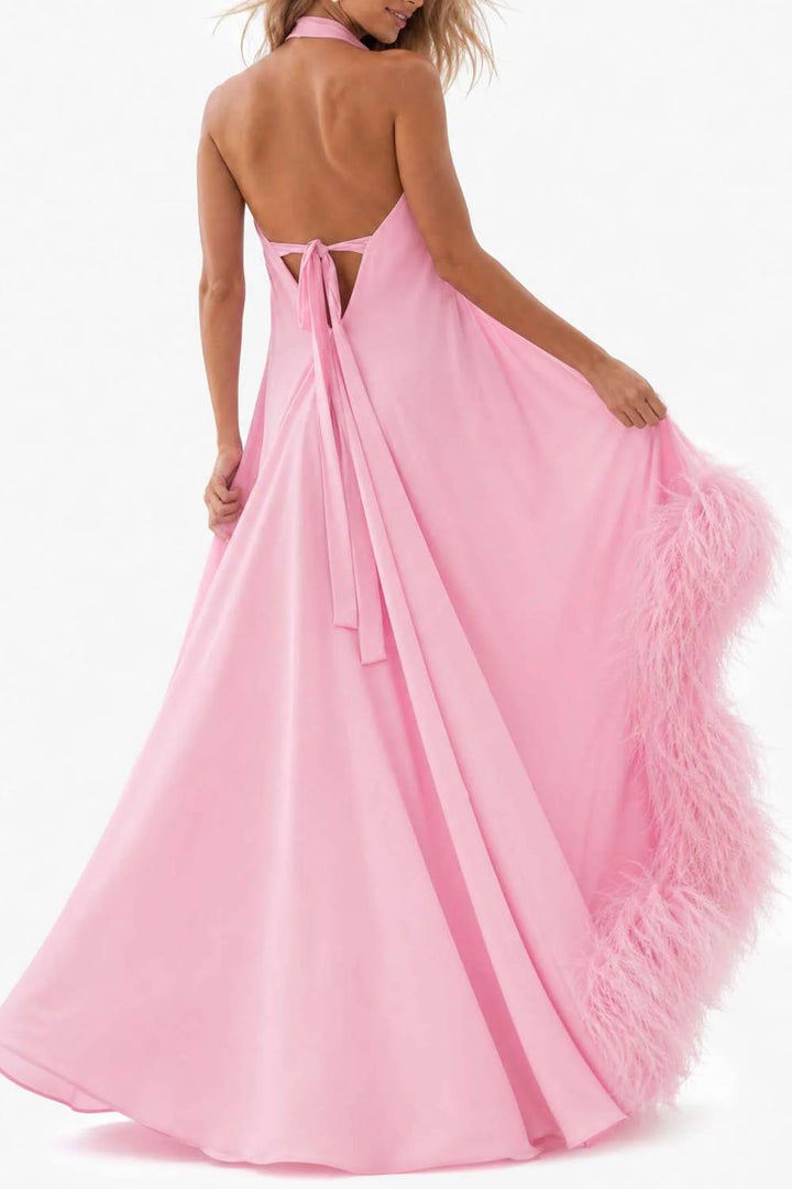 Halter-neck Feather-trimmed High-slit Long Evening Gown