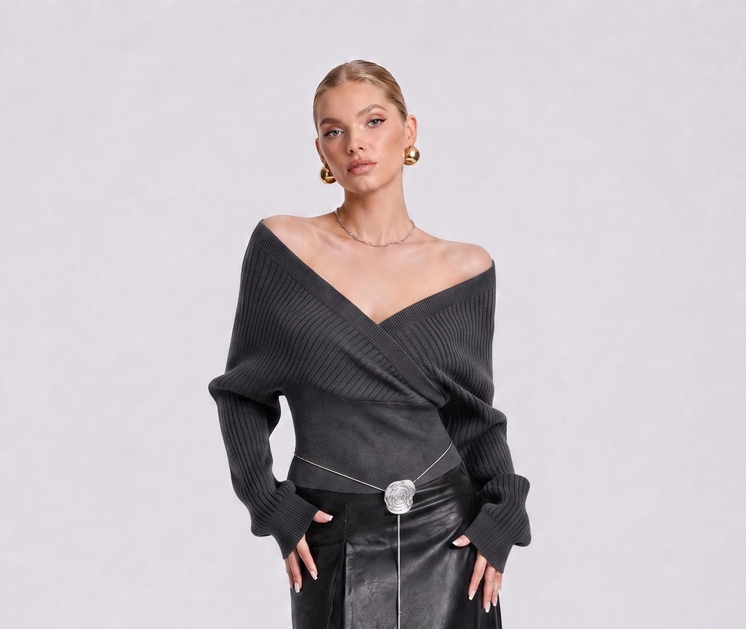 LikeMyChoice Women Off Shoulder Wrap V‑Neck Knit Sweater