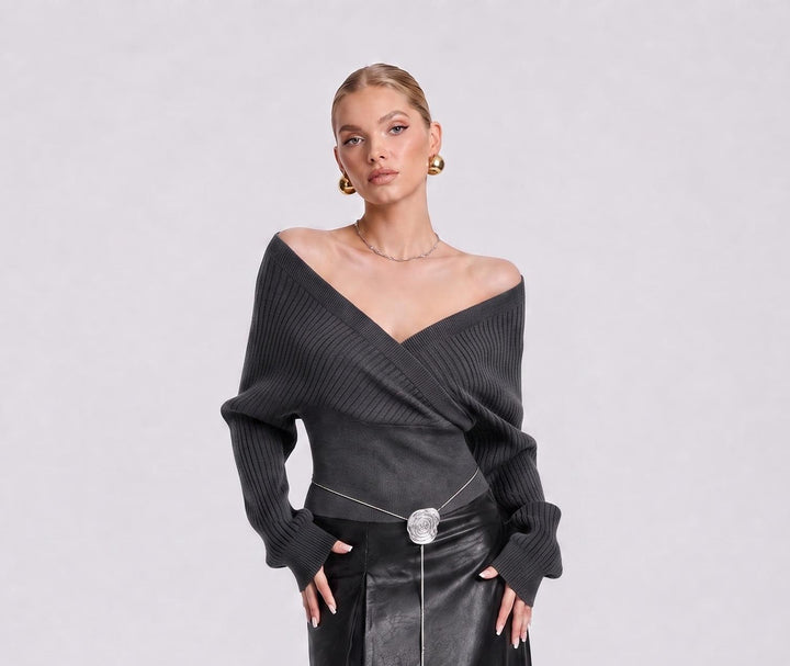 LikeMyChoice Women Off Shoulder Wrap V‑Neck Knit Sweater