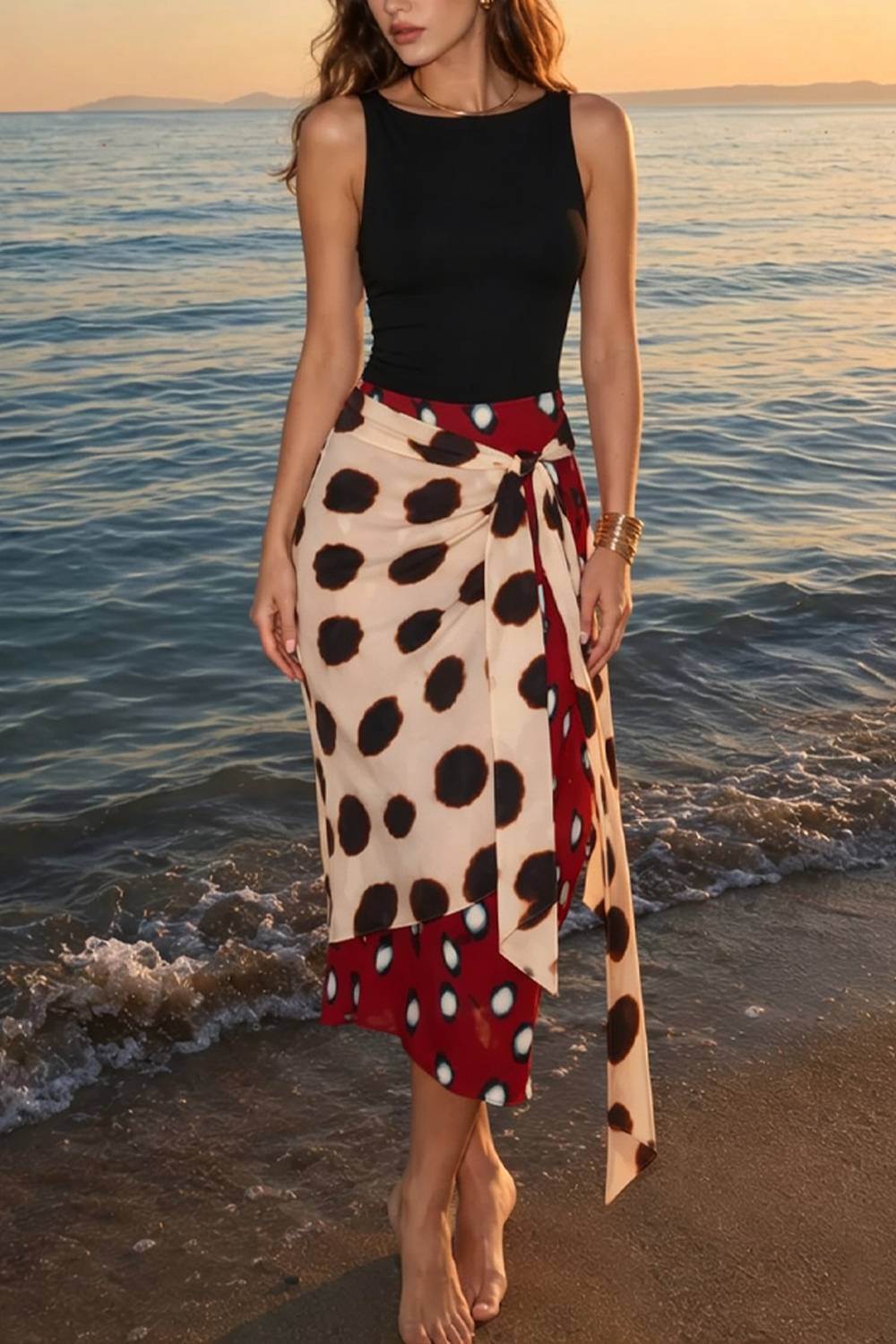 Sleeveless Fitted Tank Top & Color‑Block Polka Dot Wrap Tie Midi Skirt Two‑Piece Set