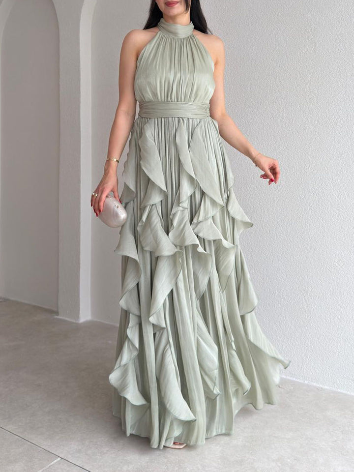 Elegant Backless Ruched Tiered Ruffle Maxi Dress