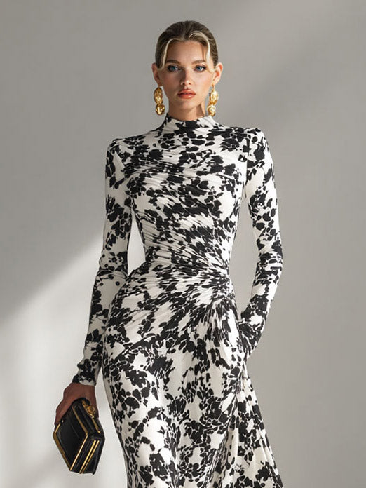Casual Abstract Print High-Neck Pleated Mermaid Maxi Dress