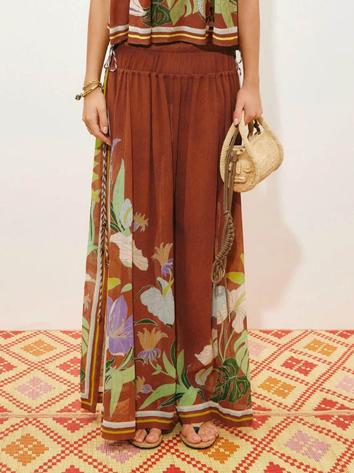Delicate Ruffle Printed Ruched Adjustable Straps Camisole Top