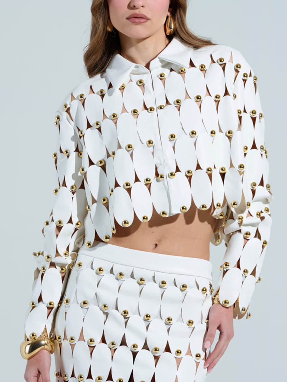 Exquisite Cut-Out Studded PU Cropped Cardigan Top