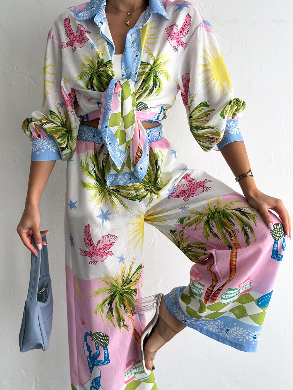 Unique Coastal Palm Tree Print Wide-Leg Pants