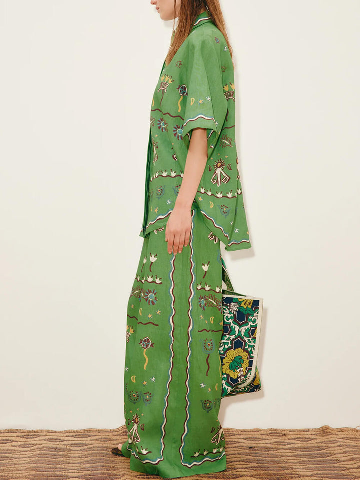 Unique Casual Sun Dancer Print Elastic Waist Loose Pocket Wide-Leg Pants