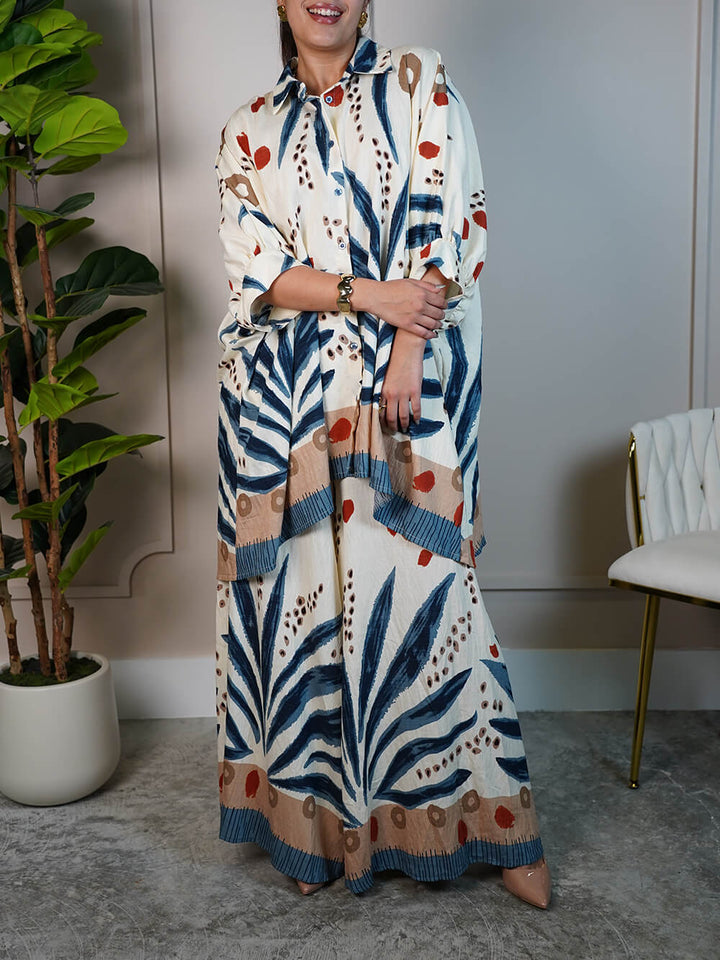 Unique Drop Shoulder Sleeve Printed Loose Oversized Button-Up Shirt