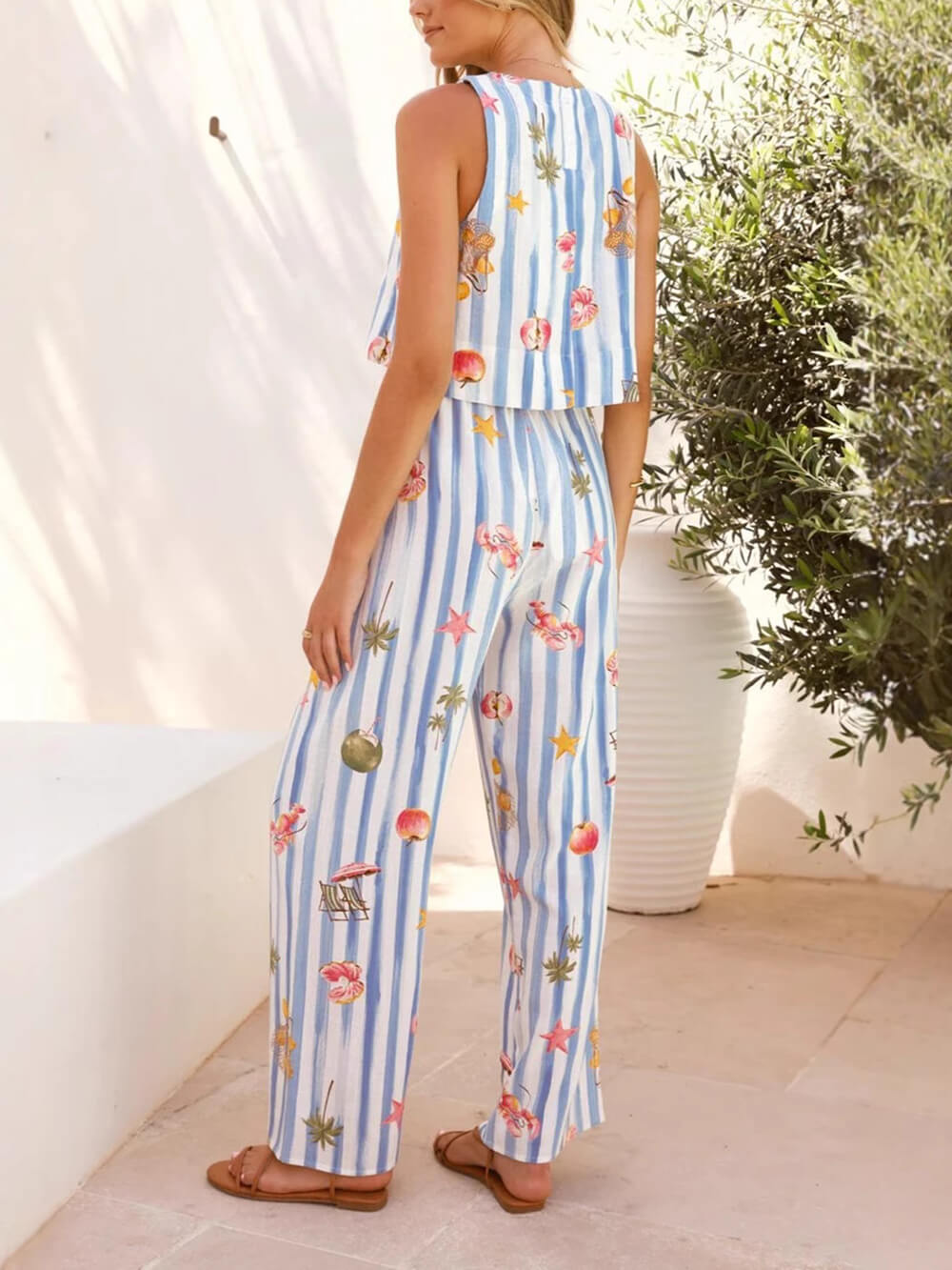 Casual Fruit Print Linen Sleeveless Striped Set