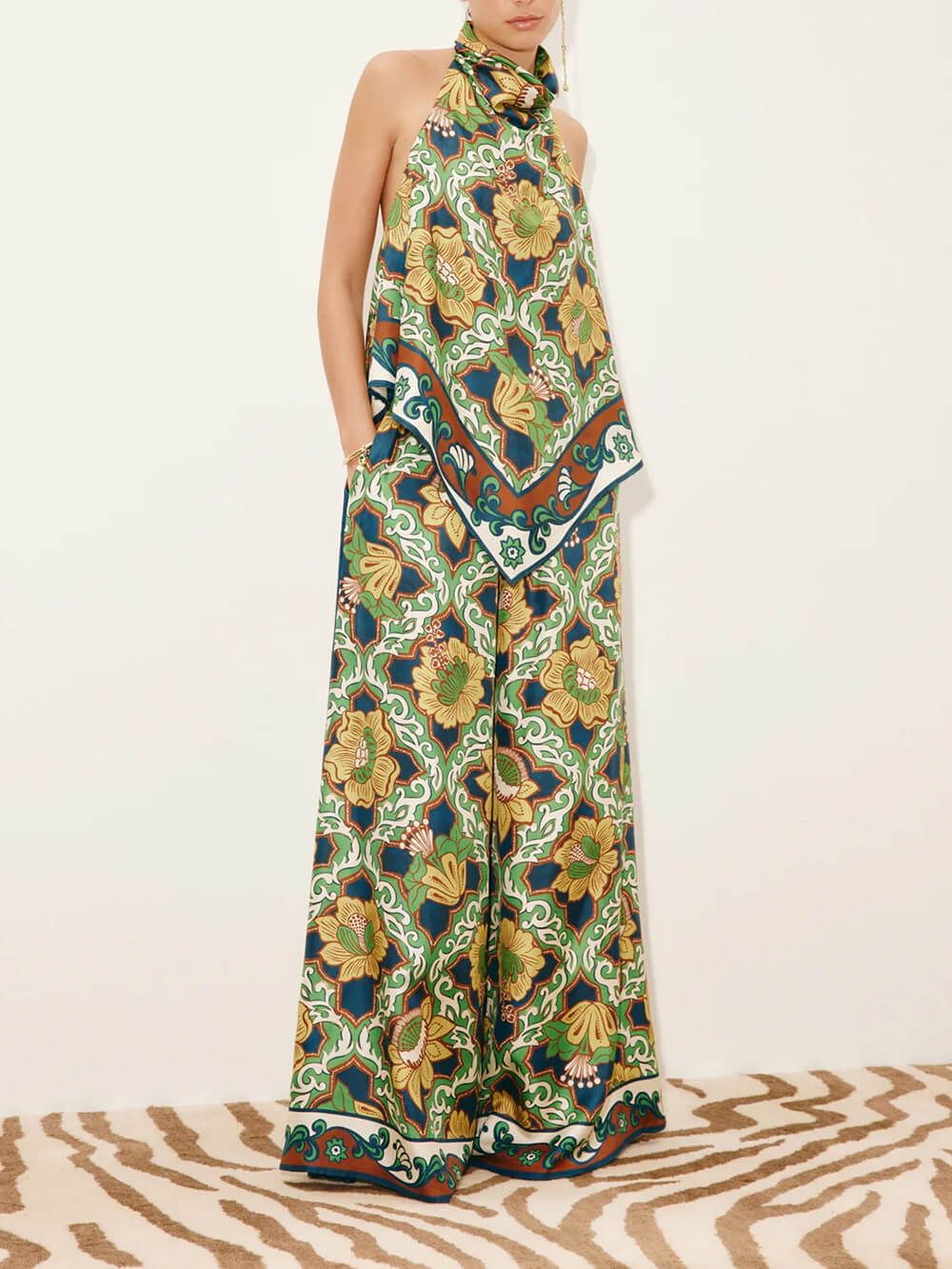 Modern Satin Print Elastic-Waist Pocket Wide-Leg Pants