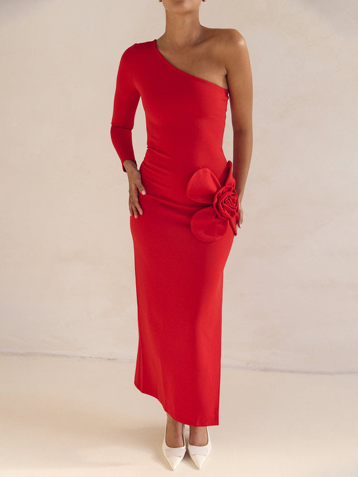 Exquisite One-Shoulder Neckline Flower Decoration Side Slit Prom Maxi Dress
