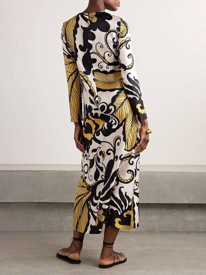 Unique Satin Swing Print Twill Midi Dress