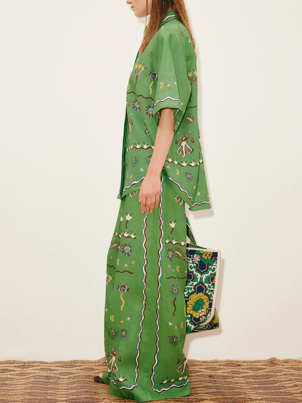 Unique Casual Sunny Dancer Print Button-Up Shirt Fitted Waist Loose Wide-Leg Pants Set