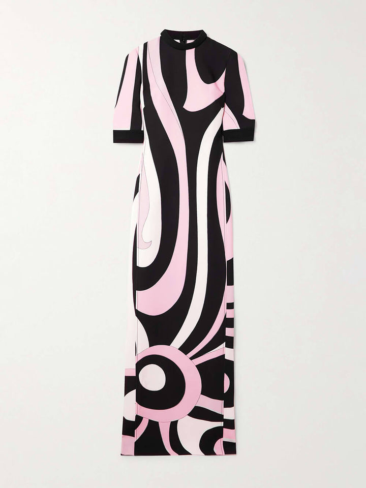 Retro-Inspired Unique Printed Satin Crinkle Maxi Dress