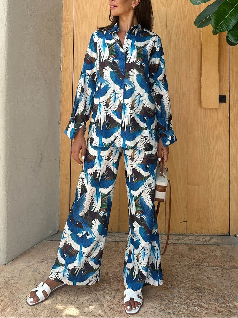 Unique Printed Elastic-Waist Wide-Leg Pants