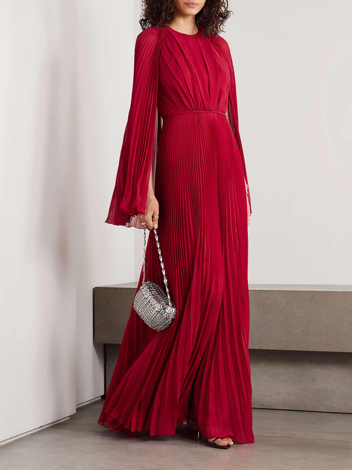 Exquisite Cape Effect Pleated Chiffon Maxi Dress