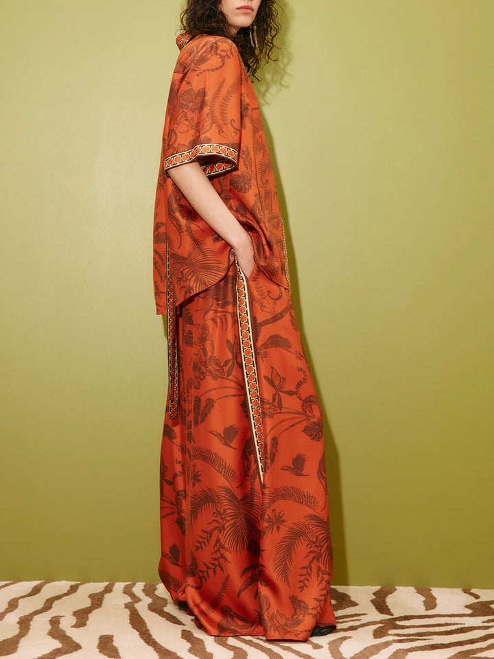 Unique Animal Print Satin Back-Slit Tie-Waist Loose Shirt