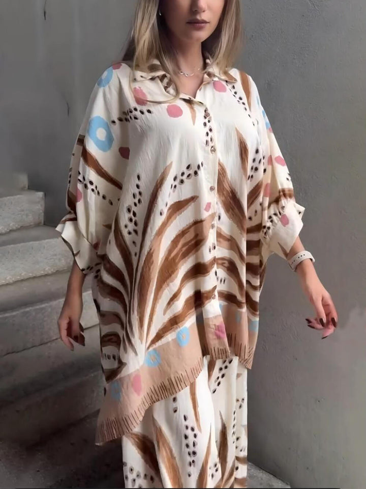 Unique Bohe Print Colorblock Drop Shoulder Sleeve Loose Fit Oversized Button Shirt