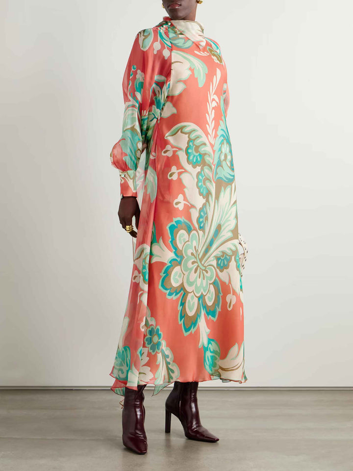Unique Draped Floral-print Chiffon Maxi Dress
