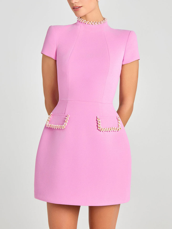 Elegant and Sweet Scent Pearl Trim Short Sleeve Pocketed Mini Dress