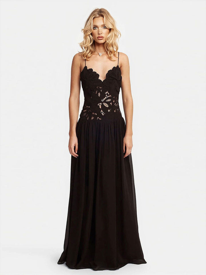 Elegant Lace Spaghetti Strap Floral Appliqu¨¦ Maxi Dress