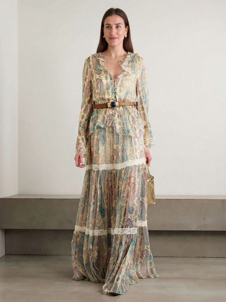 Exquisite Paisley Print Shirt And Skirt Two-piece Set