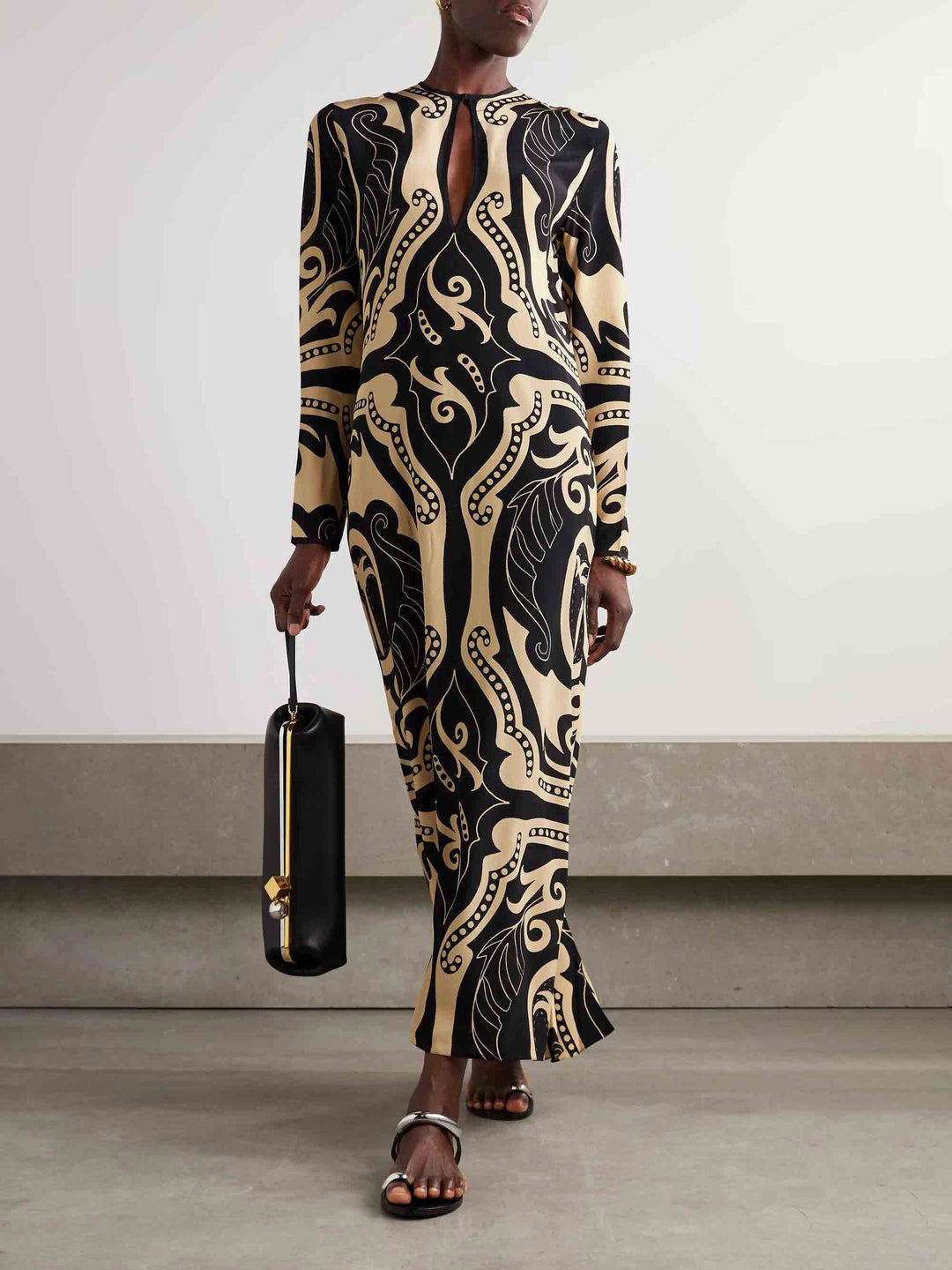 Retro Botanical Print Long-sleeved Maxi Dress