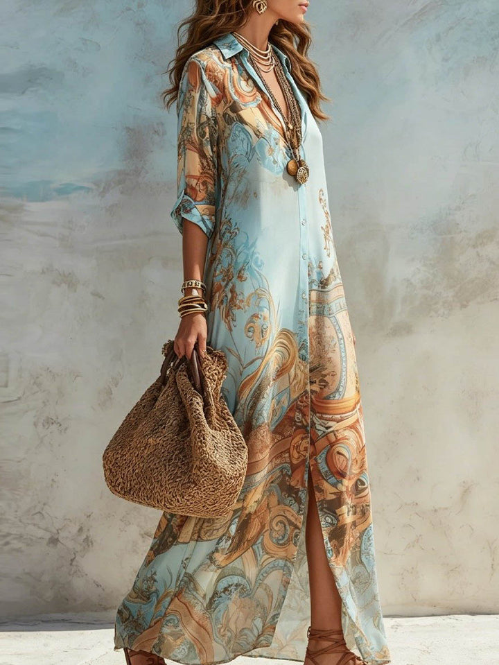 Bohemian Art Print Shirt Maxi Dress