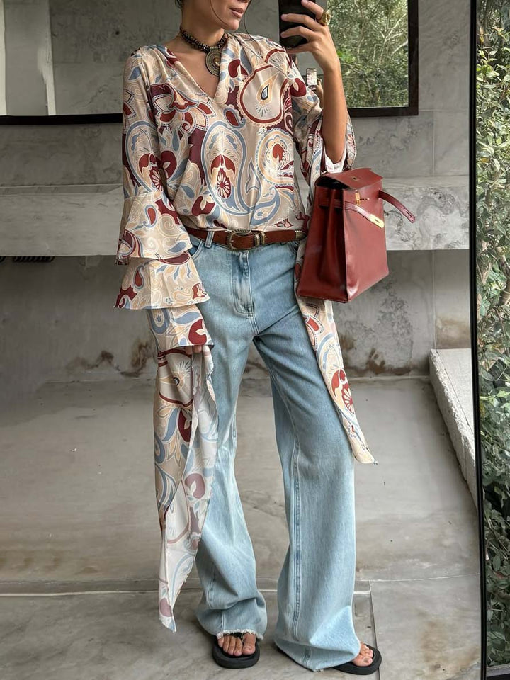 Bohemian Print Bell Sleeve Loose Shirt
