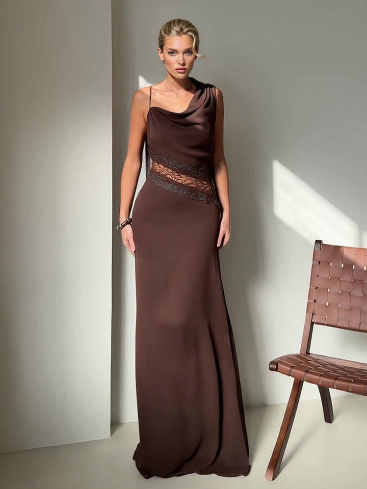 Elegant Lace Panel Draped Neck Sleeveless Maxi Dress