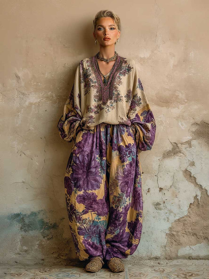 Retro Floral Print Elastic Waist Wide-Leg Pants
