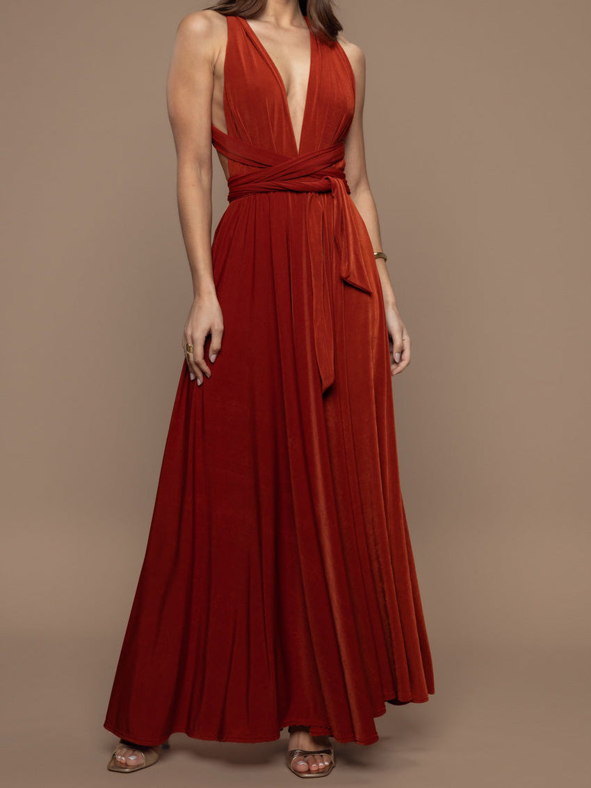 Elegant Halter Neck Draped Tie-Waist Maxi Dress