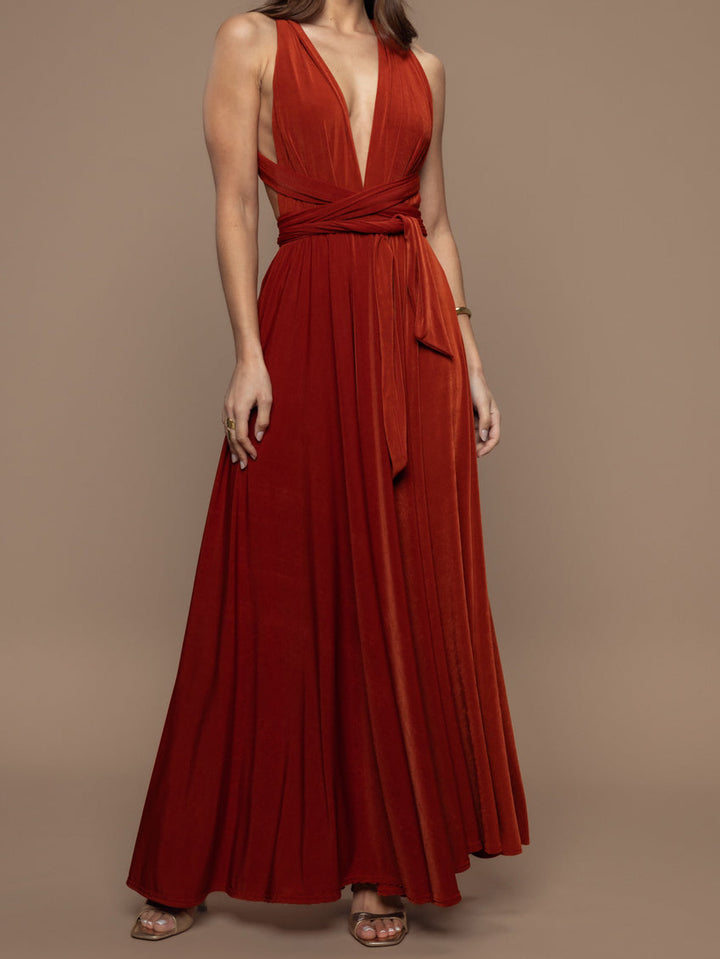 Elegant Halter Neck Draped Tie-Waist Maxi Dress