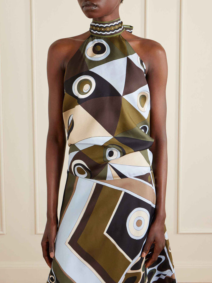 Retro Geometric Print Asymmetrical Skirt Two-Piece Set