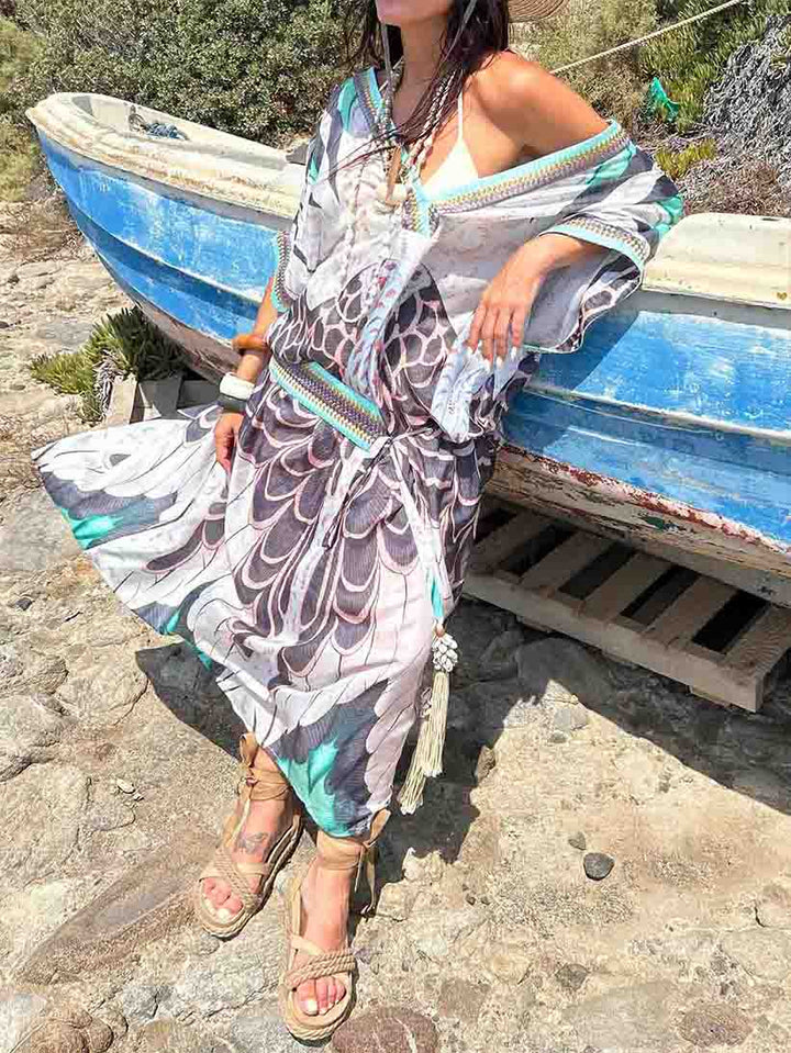 Exquisite Abstract Print V-neck Robe Maxi Dress