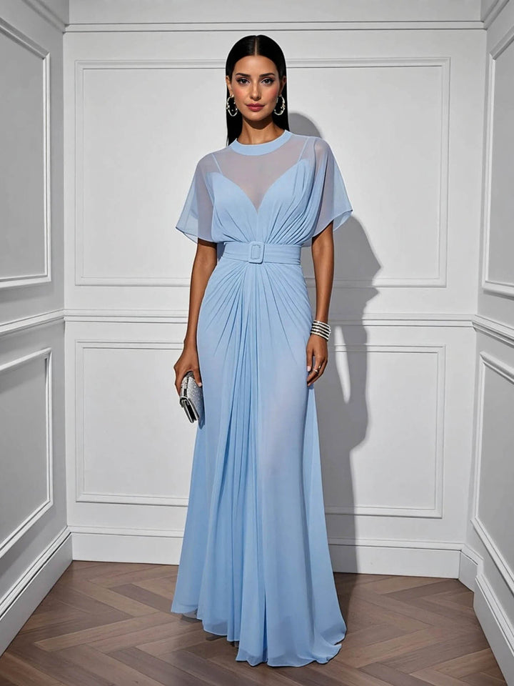 Elegant Chiffon Sheer-Neck Pleated Maxi Dress