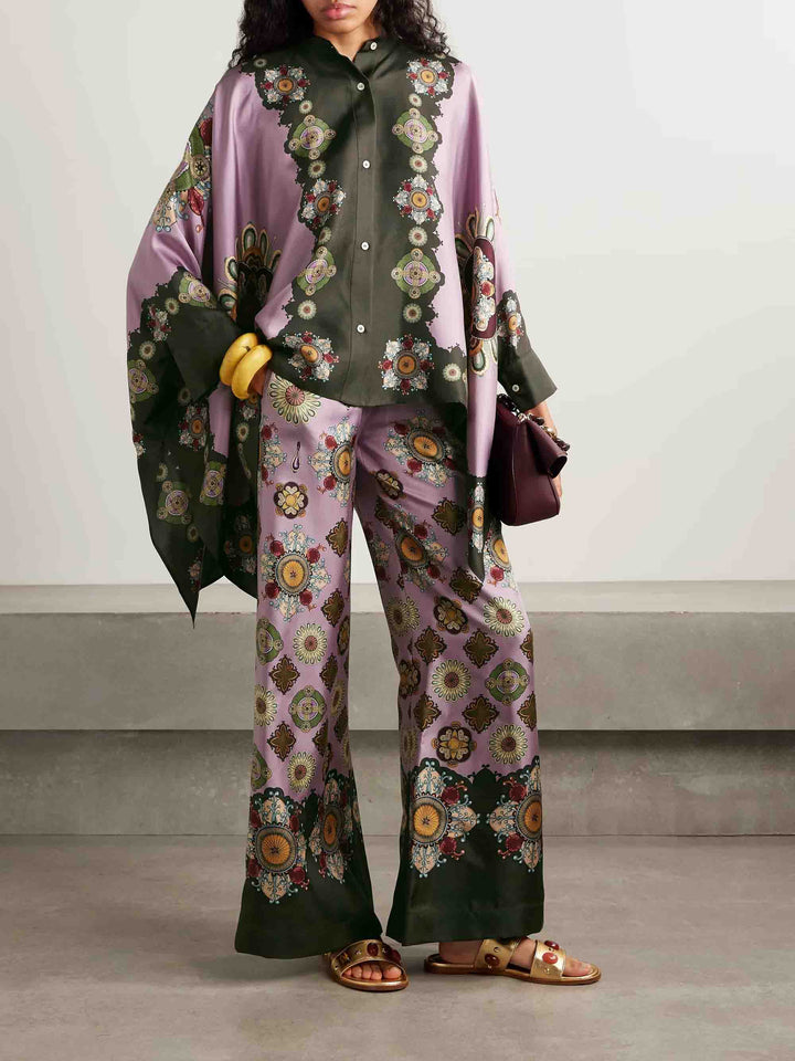 Retro Fine Satin Floral Print Cape Shirt