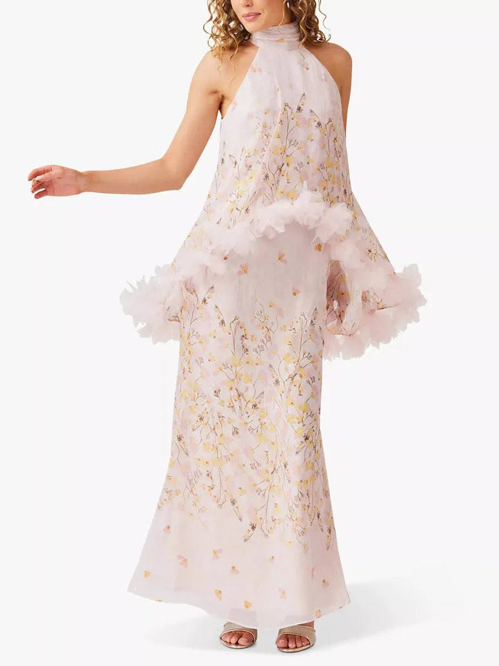 Elegant Floral Print Halterneck Cape Chiffon Top