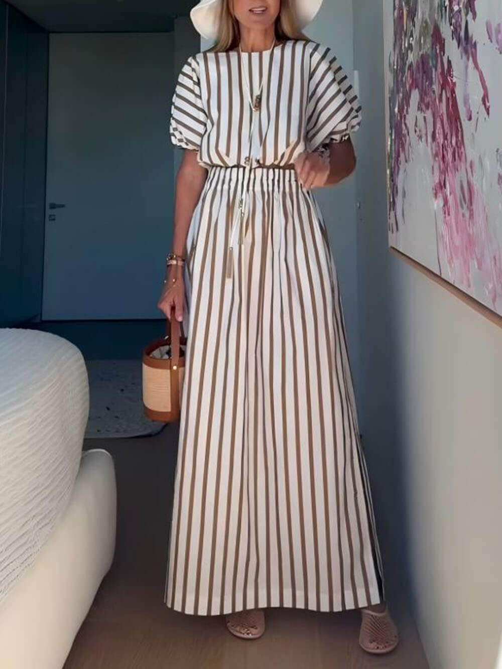 Exquisite Unique Striped Print Drawstring Loose Tops
