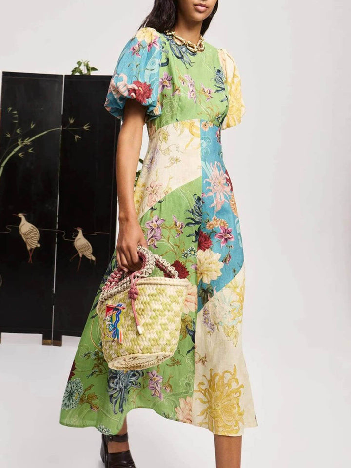 Casual Personalized Graffiti Print Lantern Sleeve Round Neck Linen Maxi Dress