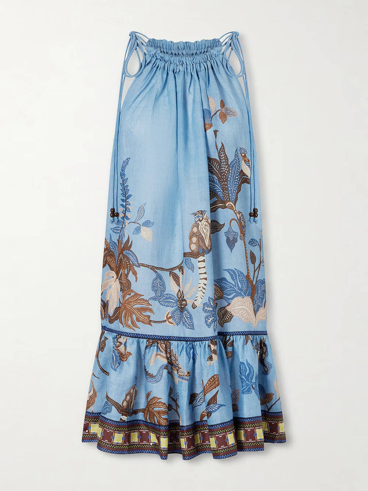 Unique Floral Print Linen Tiered Mini Dress